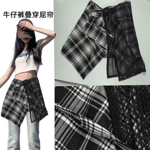 黑白格纹不规则系带屁帘