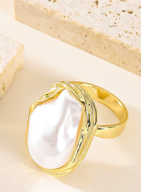 新款时尚轻奢巴洛克珍珠戒指女小众设计高级感百搭指环精致首饰