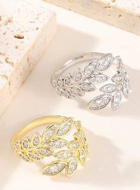 新款时尚轻奢镶钻麦穗开口戒指女小众设计高级感百搭指环精致首饰