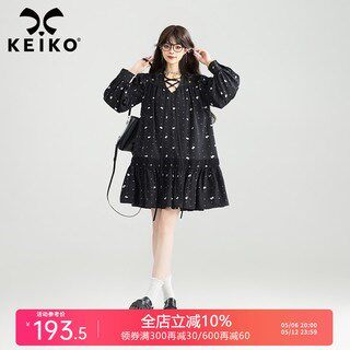 KEIKO小碎花系带V领黑色连衣裙2