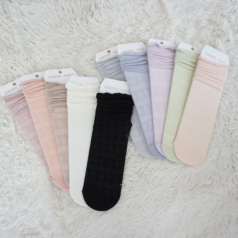 窝窝熊 女士春夏网眼镂空纯色堆堆袜透气薄款中筒棉甜美糖果色袜