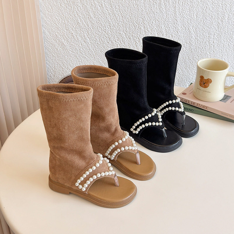 女童时尚珍珠高帮罗马鞋2026夏季新款女孩套趾一脚蹬公主风凉鞋子