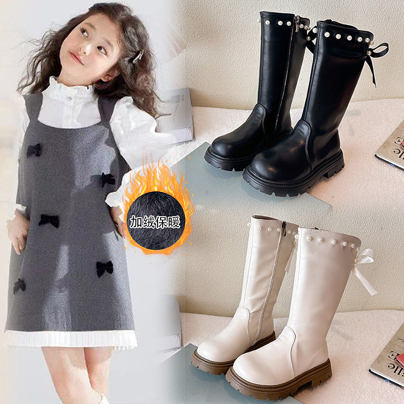 女童纯色长筒靴2025年秋冬新款软底防滑简约蝴蝶结公主靴保暖棉靴,女鞋,时尚雪地靴,淘宝优惠券,粉丝福利购,淘宝优惠卷