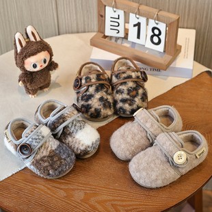 女童包头平底毛毛棉鞋2025秋冬复古欧美风魔术贴加绒软底面包棉鞋