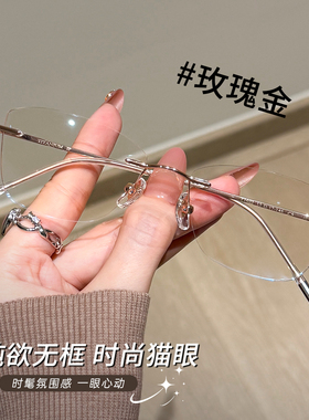 超轻气质猫眼钛架无边框近视女眼镜网上专业可配有度数散光眼睛架