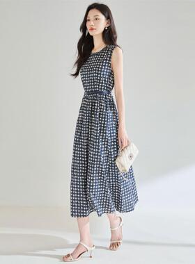 26夏季MAXM格子印花棉质圆领无袖收腰显瘦气质通勤连衣裙25327