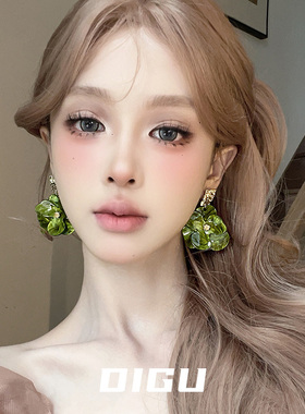 DIGU森系仙气绿色花朵耳环法式气质温柔大花花耳钉轻奢高级感耳饰