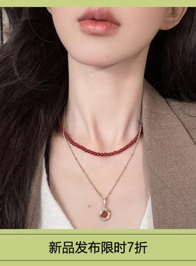 两件套复古新中式酒红色串珠项链