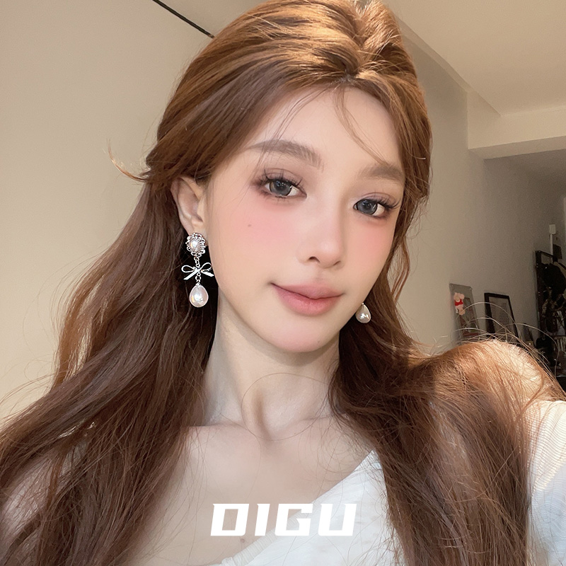 DIGU法式复古轻奢珍珠耳坠气质高级感甜美蝴蝶结长款耳环优雅耳饰