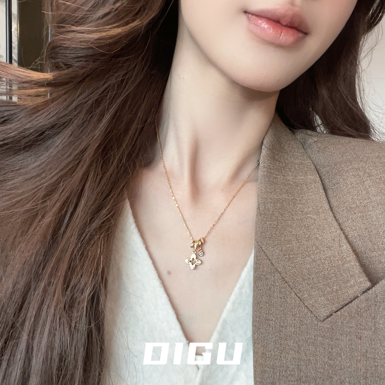 DIGU轻奢闪钻镂空四叶草项链女精致多层小圆环吊坠锁骨链百搭颈链