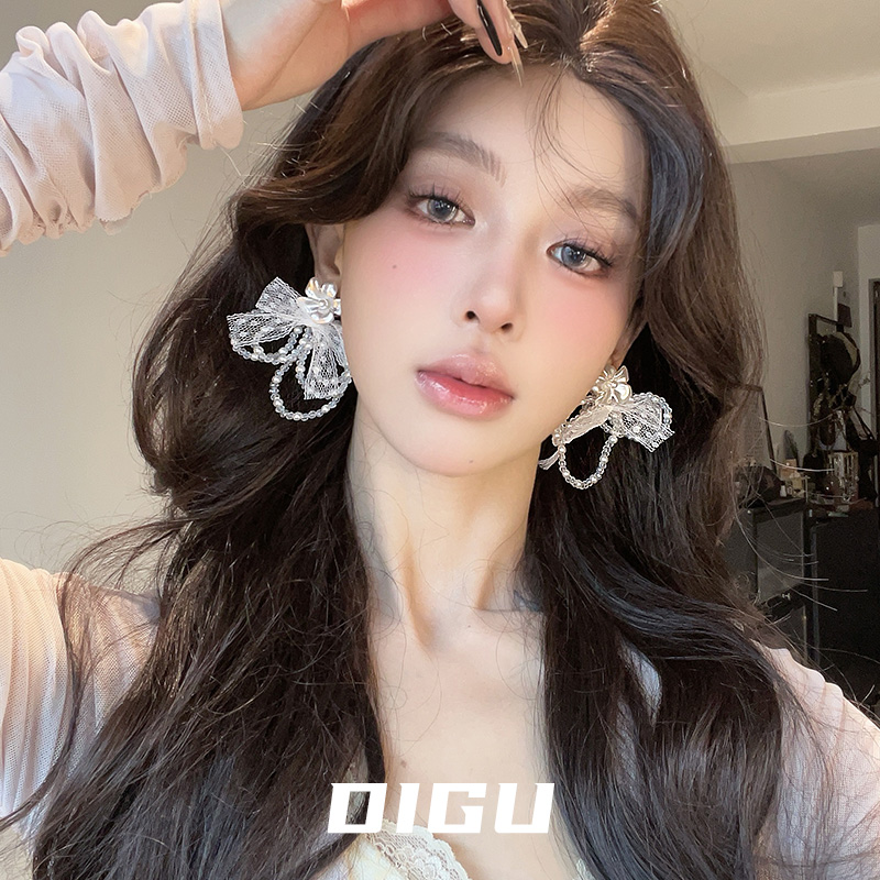 DIGU精致甜美水晶串珠花朵耳环女仙气蕾丝蝴蝶结耳钉法式轻奢耳饰