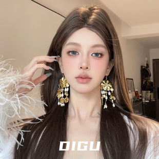 DIGU气质夸张珍珠流苏金色花朵耳环女独特小众显脸小耳钩轻奢耳饰