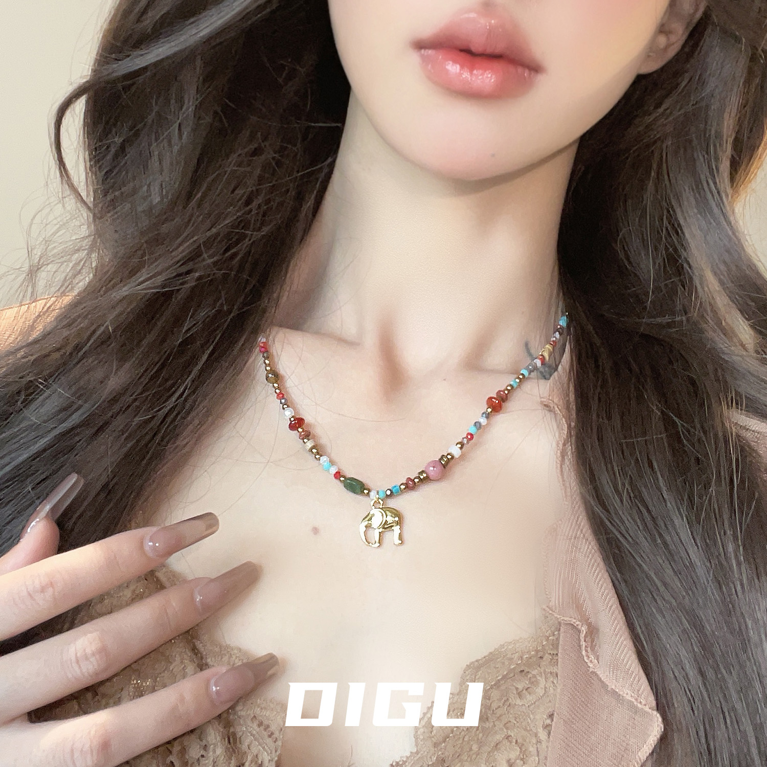 复古美拉德风彩色串珠小象项链
