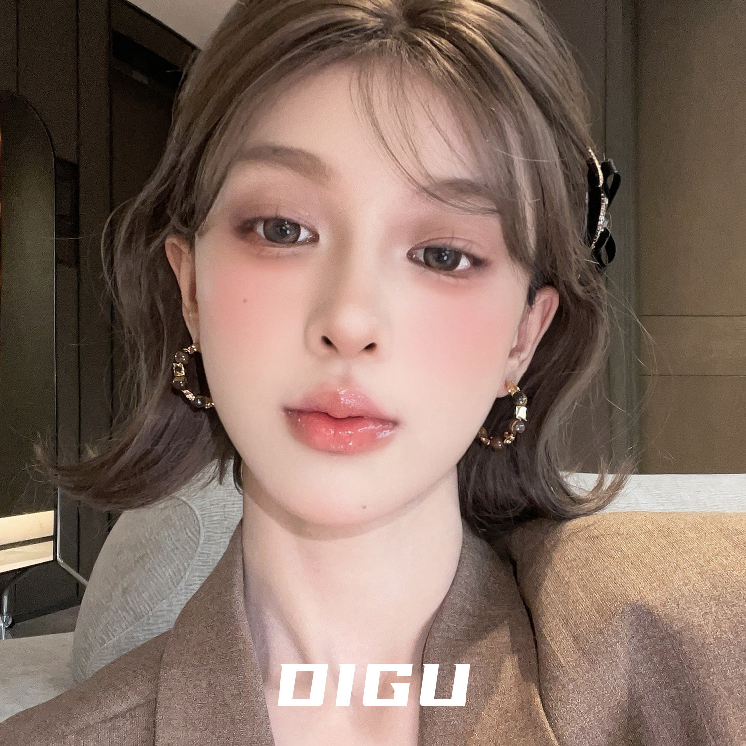 DIGU美拉德风复古仿虎眼石金属串珠耳圈轻奢老钱风金色耳环女耳饰,饰品/流行首饰/时尚饰品新,耳环,淘宝优惠券,粉丝福利购,淘宝优惠卷