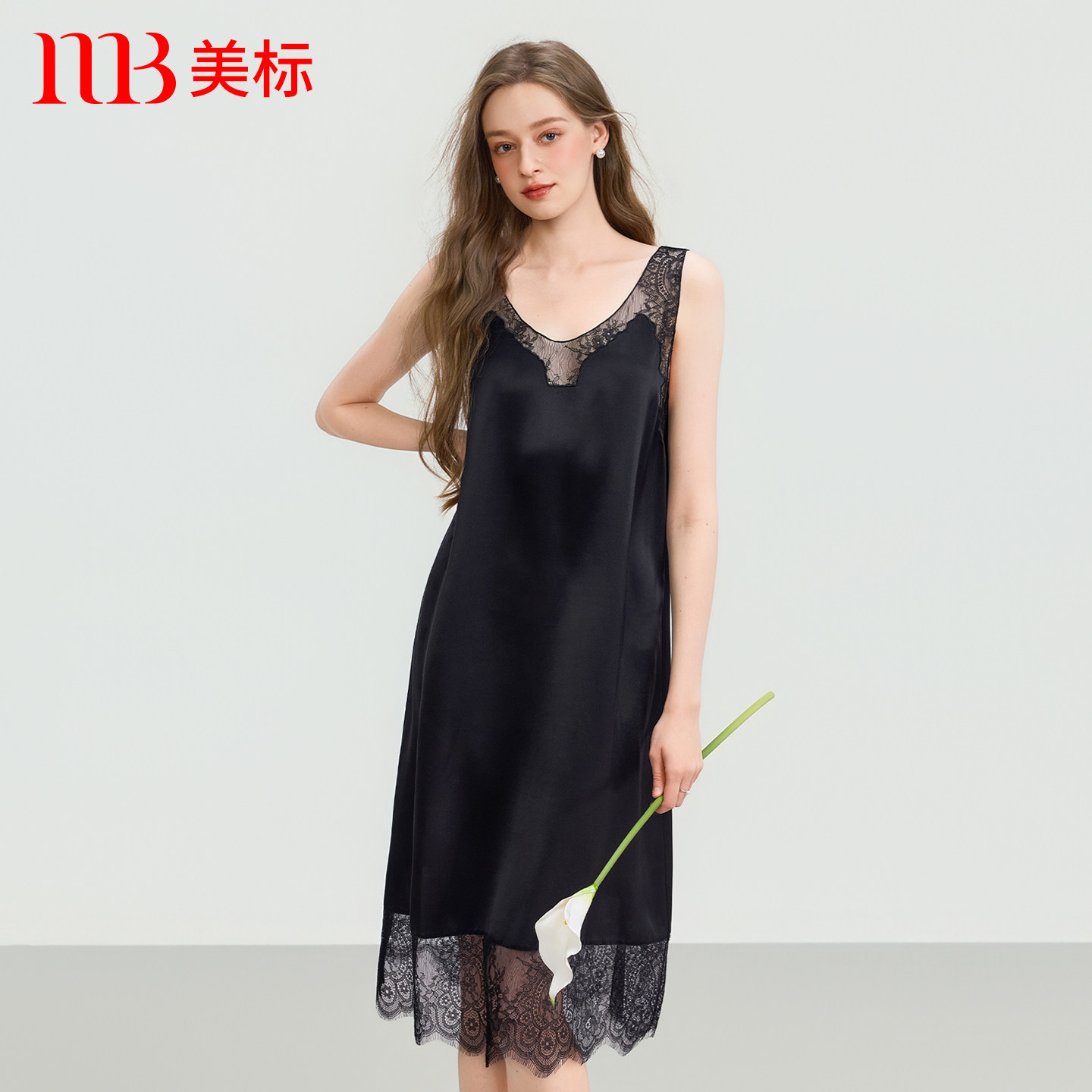 美标新款真丝背心睡裙100%桑蚕丝蕾丝简约长裙丝绸家居服睡衣女夏