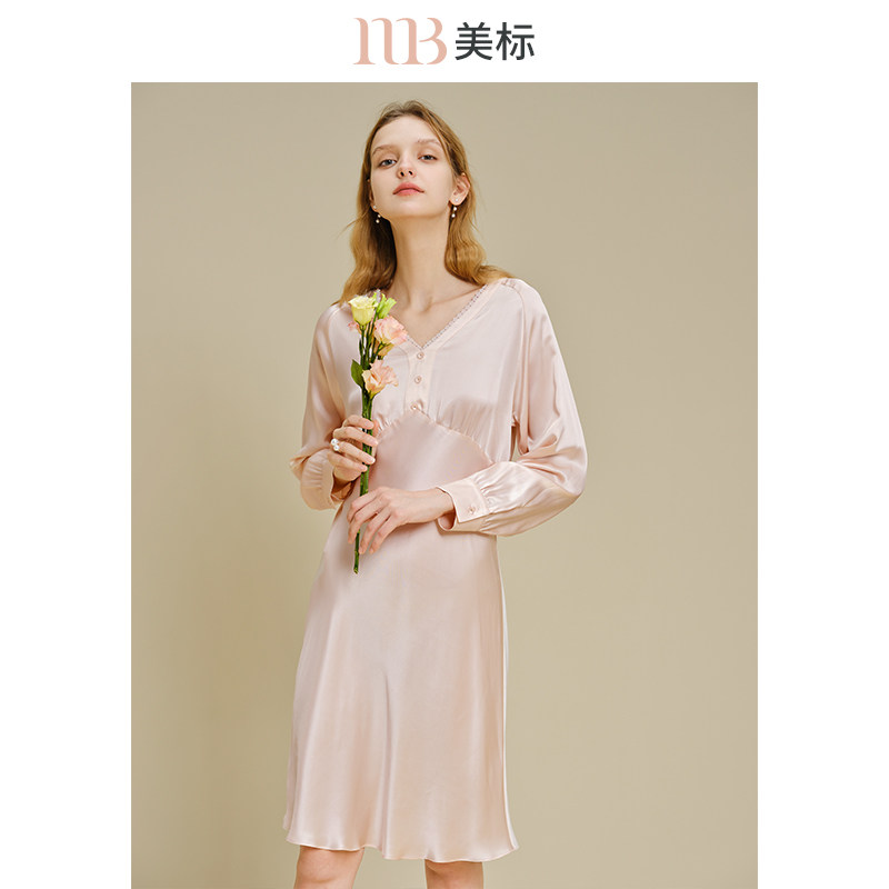 美标100%桑蚕丝优雅知性长袖睡裙图片