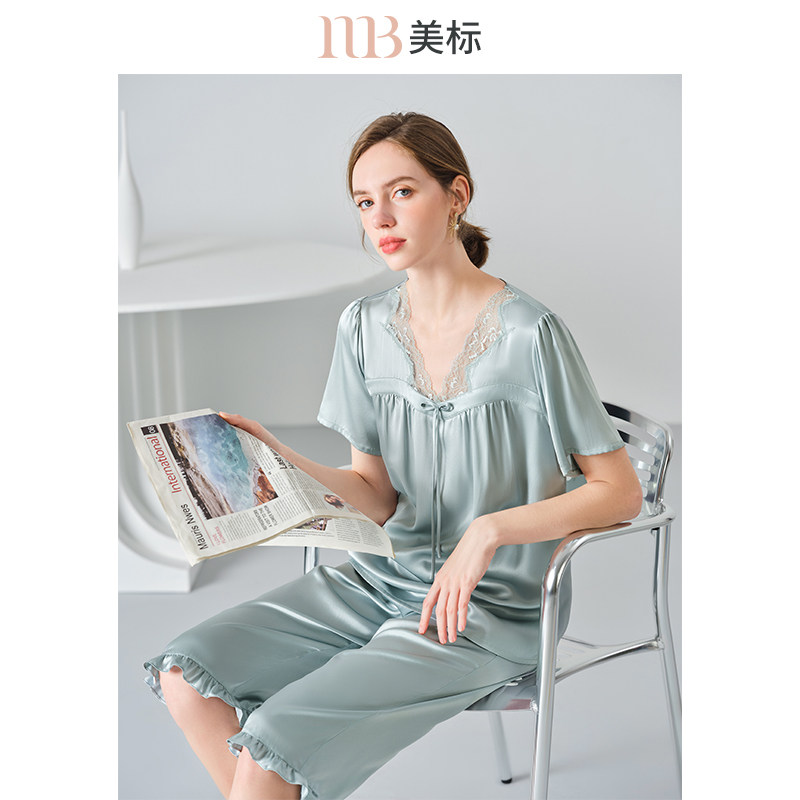 美标新款短袖七分裤真丝睡衣套装女春夏蕾丝花边桑蚕丝绸家居服夏
