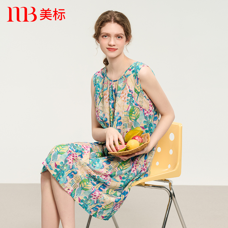 美标2025新款无袖背心睡裙女春夏莱赛尔亚麻印花家居服复古连衣裙