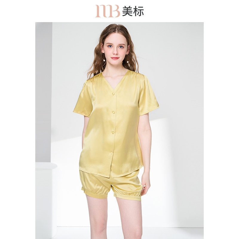 美标凉感短袖短裤真丝睡衣套装女夏19姆米重磅100%桑蚕丝绸家居服