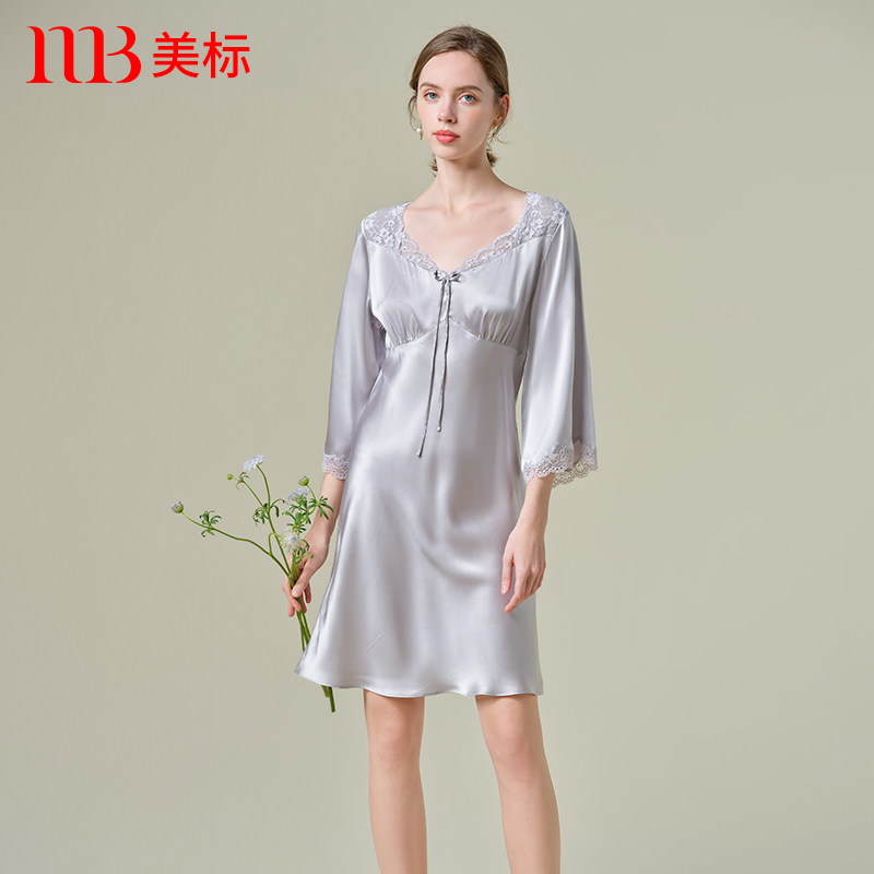 美标真丝八分袖花边睡裙女