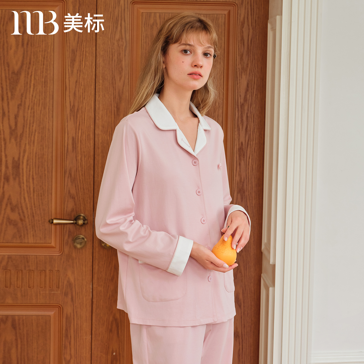 美标女士针织纯棉绣花长袖睡衣