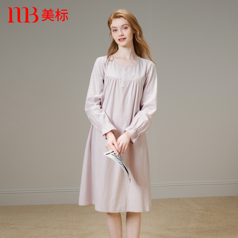 美标纯棉女梭织棉秋冬睡衣睡裙