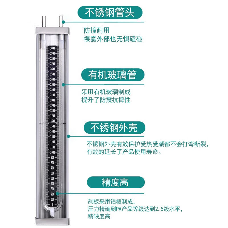 OLOEY定制不锈钢折叠U型压力计有机玻璃管燃气检测仪天然气便携压