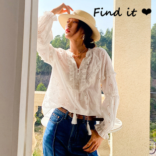 Findit外单春秋新款白色法式气质镂空花边刺绣女装衬衣长袖  衬衫