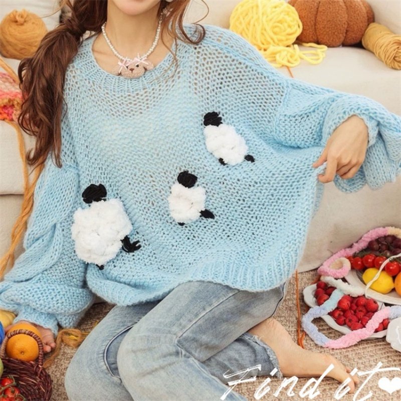 Find春秋新品薄款宽松针织衫小羊马海毛粗棒针纯手织麻花毛衣女