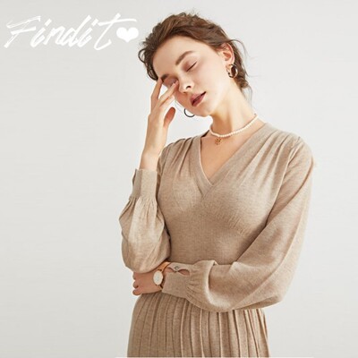 气质V领收腰针织连衣裙优雅法式