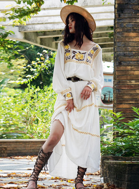 FP高定现货 波西米亚风精致刺绣浪漫灯笼袖长袍 棉麻防嗮罩衫长裙