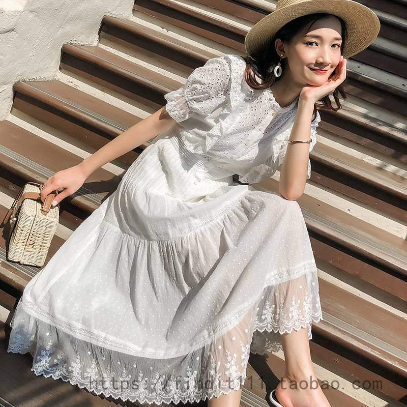仅S现货SP高定欧美时尚女装高腰白色连衣裙 精致刺绣度假蕾丝长裙
