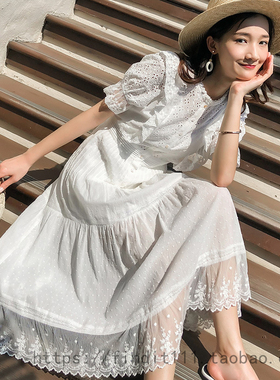 仅S现货SP高定欧美时尚女装高腰白色连衣裙 精致刺绣度假蕾丝长裙