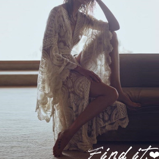 比基尼泳衣外搭外套度假女防晒衣 蕾丝开衫 Find欧美喇叭袖 中长款