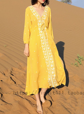 度假人气单品黄色长裙 F家高品质实拍 波西米亚绣花V领棉麻连衣裙