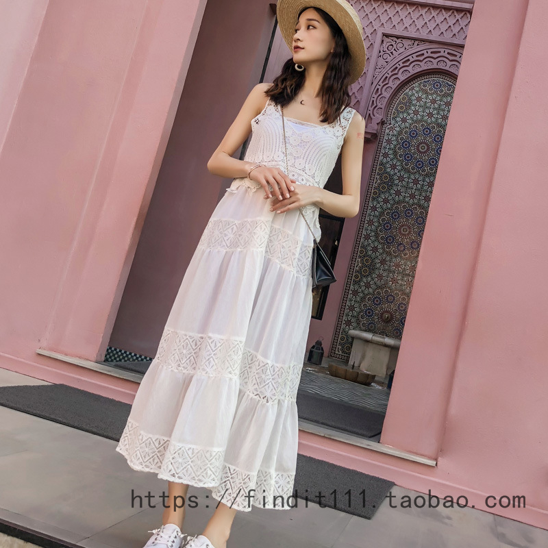 FP高品质定制现货 欧美时尚女装清新白色度假裙 蕾丝拼接吊带长裙
