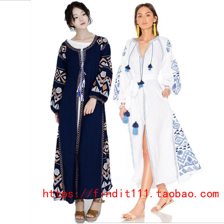 少量欧美春秋新品F家高品质 民族风灯笼袖系带流苏刺绣连衣裙长裙