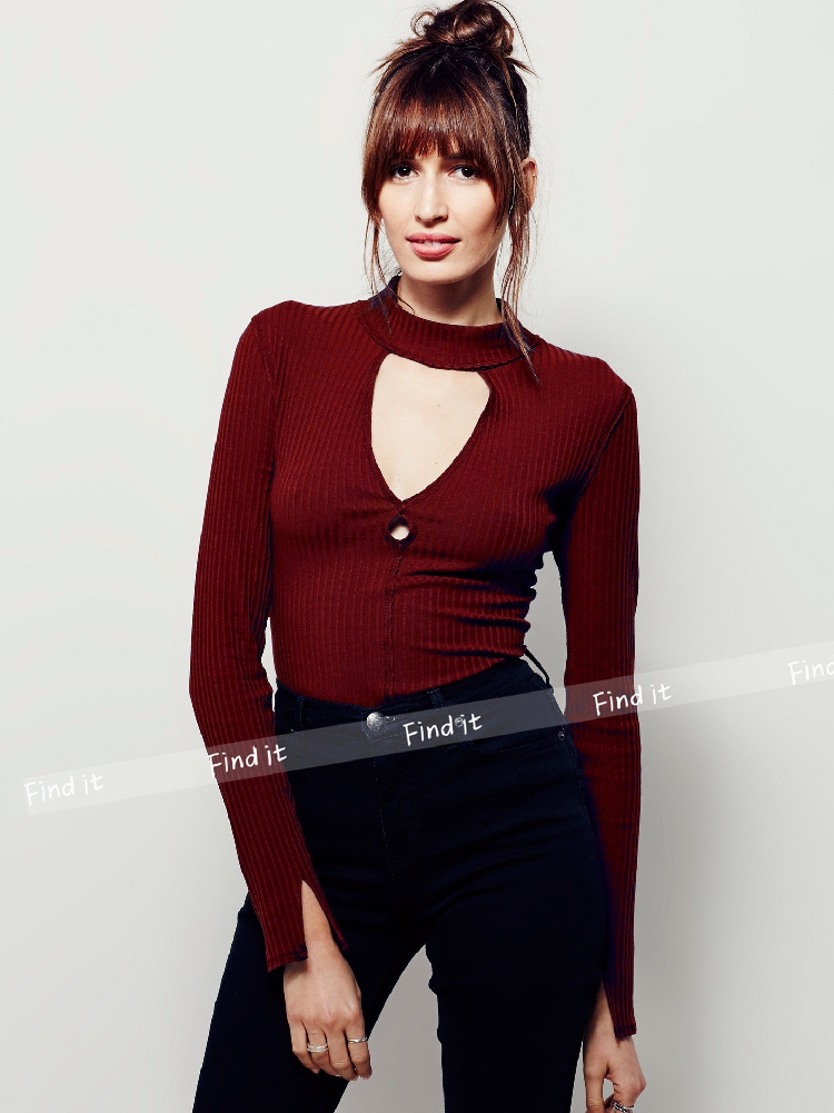 小性感领罗纹半高领欧美修身上衣