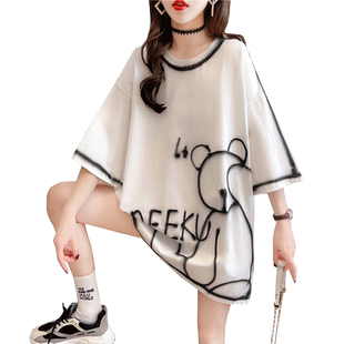 网红ins超火短袖t恤女夏韩版宽松中长款涂鸦百搭下衣失踪上衣服潮