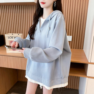 春秋季 百搭薄款 韩版 中长款 假两件外套 宽松大码 连帽卫衣女2025新款