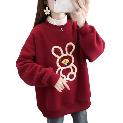 加绒加厚宽松假两件撞色卫衣女