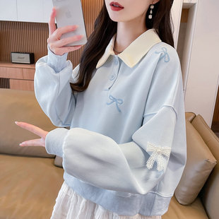 蝴蝶结polo领卫衣女秋冬季韩版宽松加绒加厚小个子初中生上衣外套