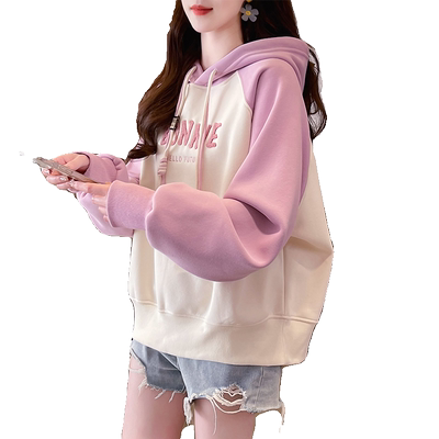 薄款宽松小个子撞色插肩袖卫衣女