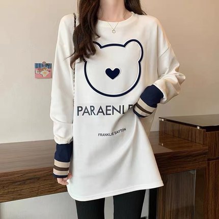 设计感小众长袖t恤女春秋韩版宽松大码中长款上衣打底衫加绒小衫