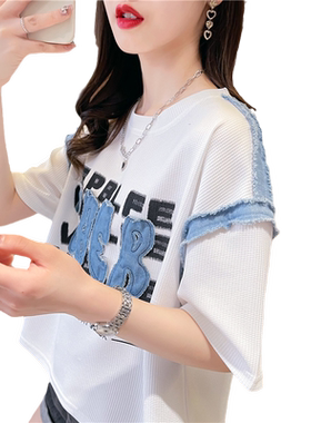 短袖t恤女短款薄款牛仔拼接