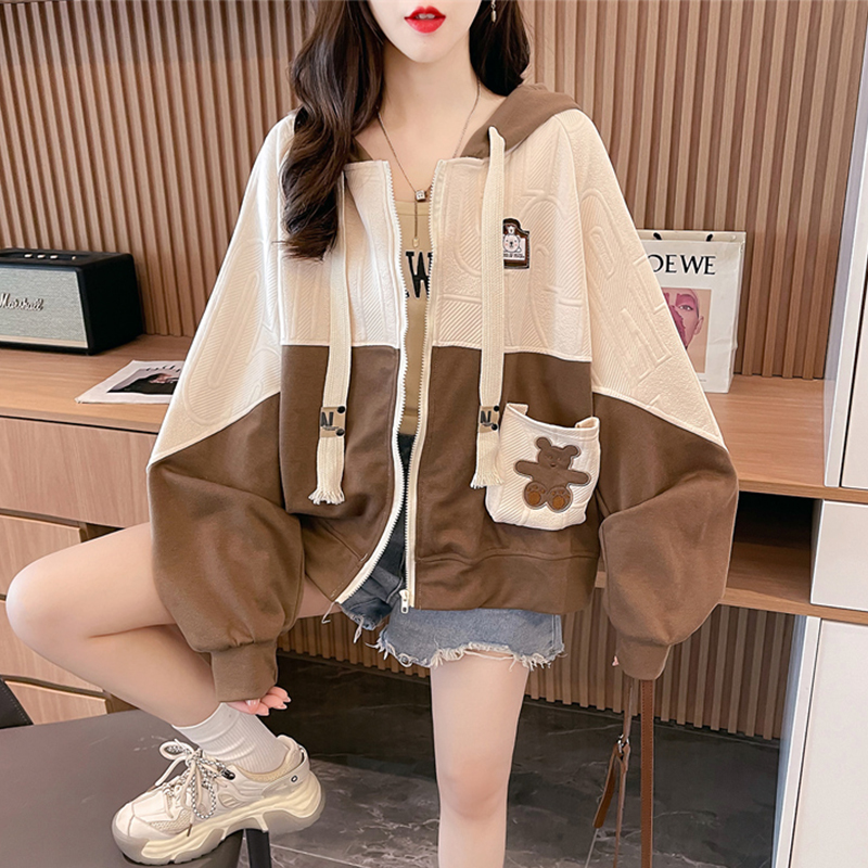 慵懒风提花华夫格撞色外套女