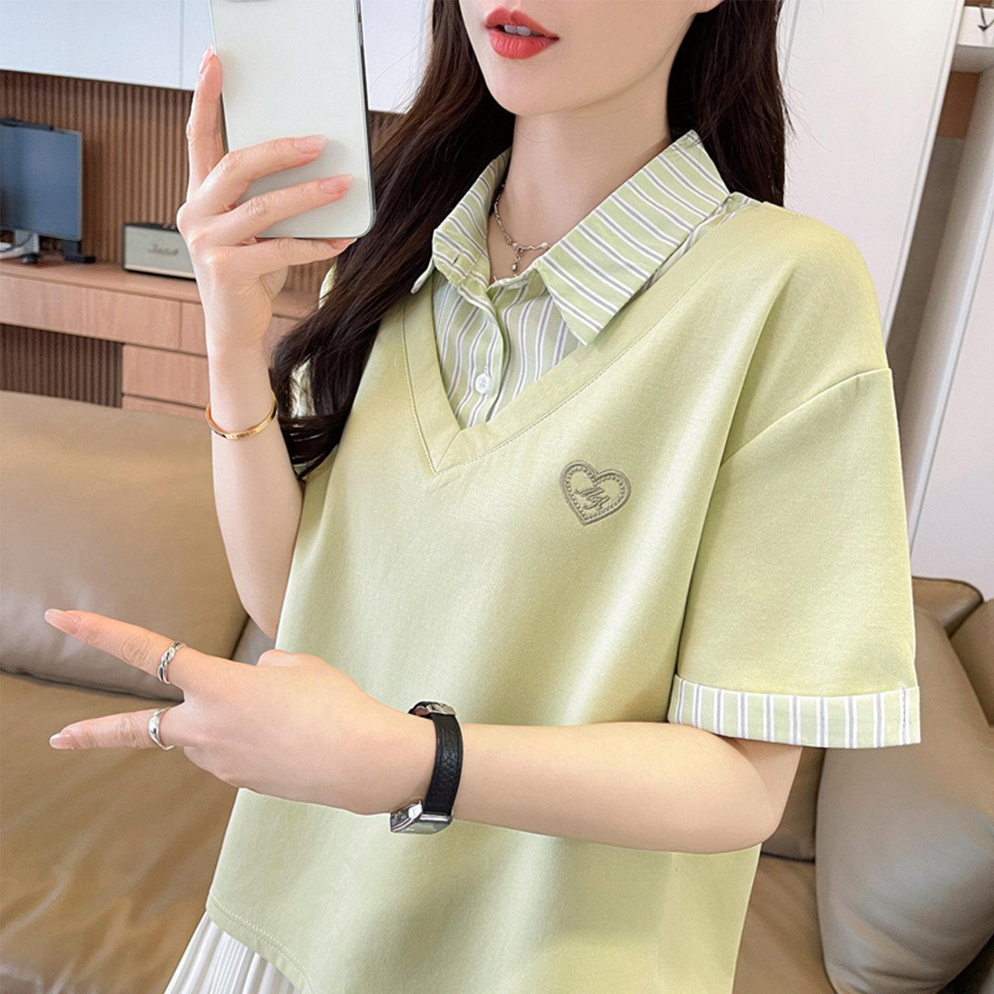 短袖t恤女假两件衬衫领宽松图片