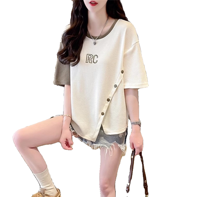 短袖t恤女大码女装不规则开叉