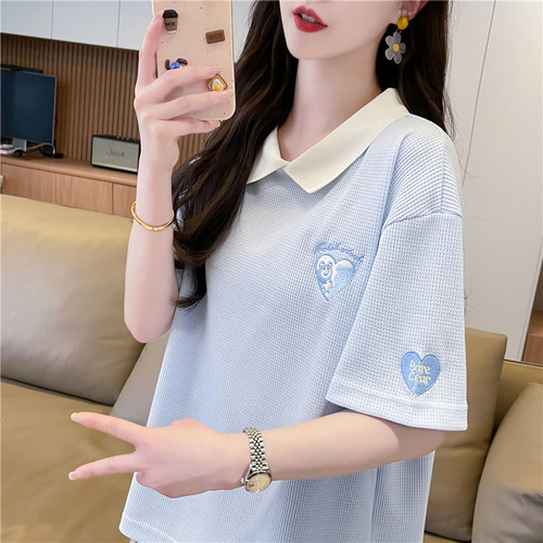 短袖t恤女大码女装polo领撞色