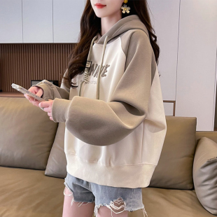 连帽卫衣女秋冬季韩版宽松加绒加厚初中生学生百搭拼色小个子外套